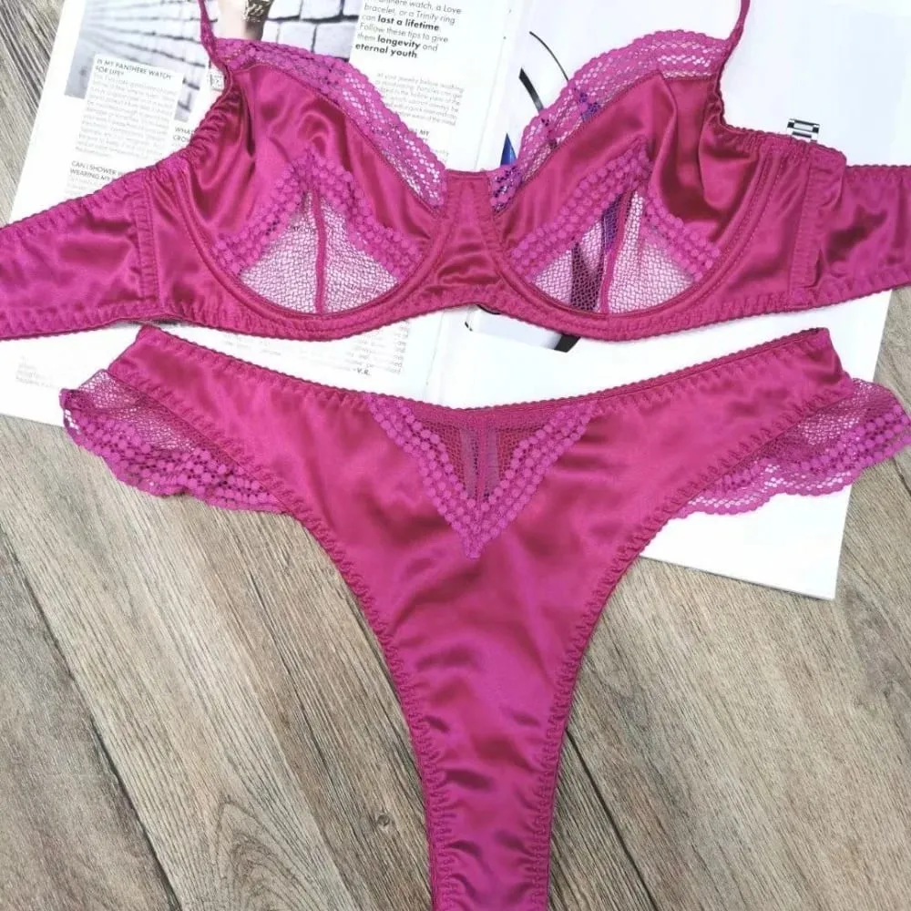 Women Brassiere Mesh Satin Lace Splicing Ultra Thin Minimizer Anti Sag Soft Support Lingerie For Girls 32‑38AB Suit — image 4