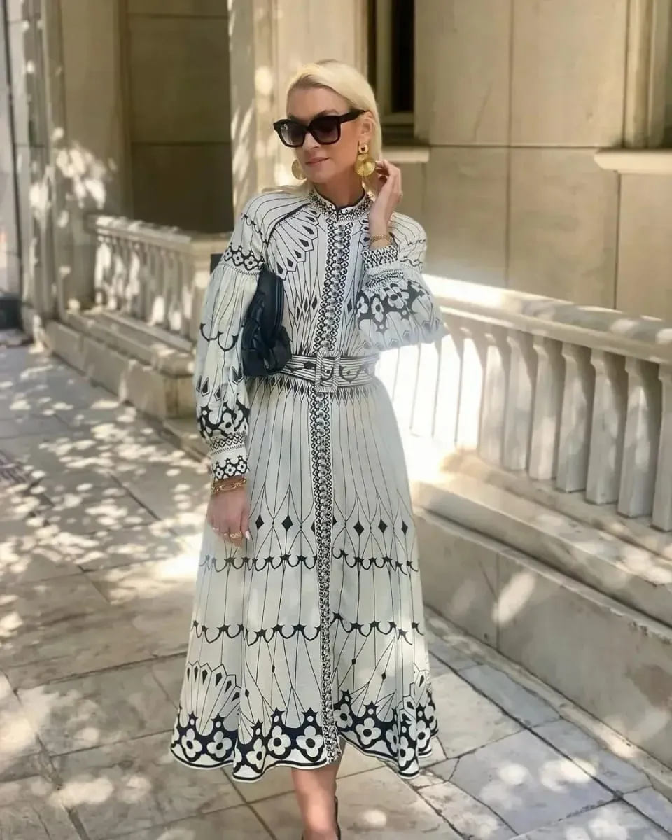 Retro Elegant Stand Collar Long Dress Women Spring Pattern Print Belted Buckle Party Autumn Sleeve A-Line Boho
