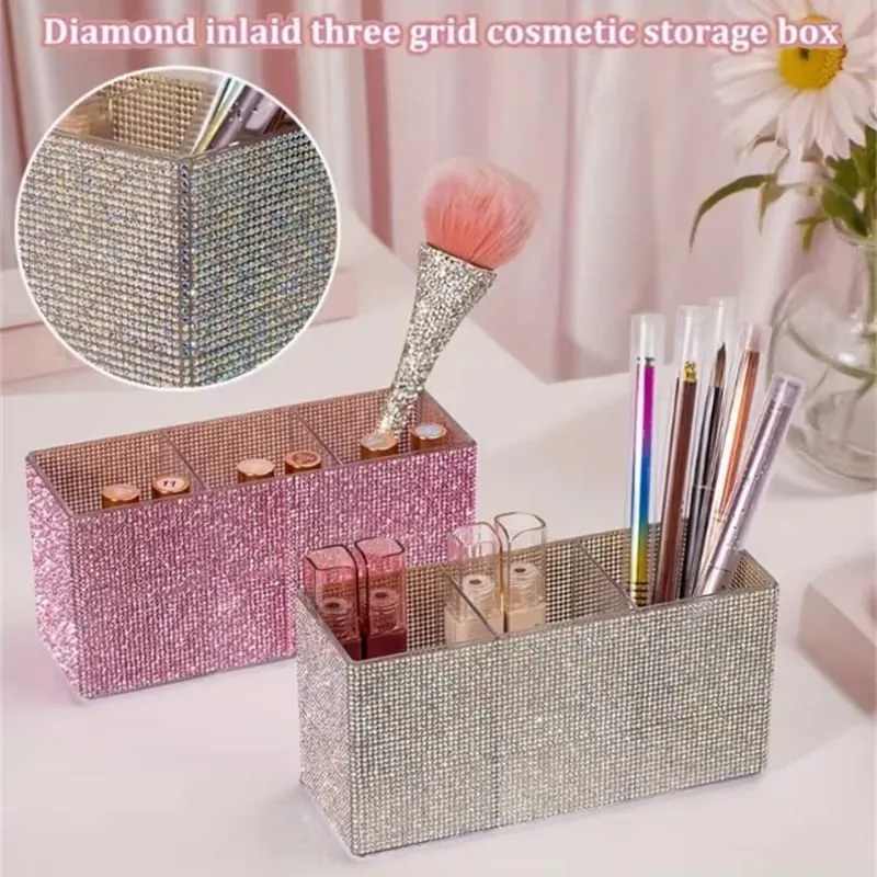 Sparkling Rhinestone Makeup Brush Organizer with 3 Compartment Large Capacity Makeup Brushes Lipstick Comestic Tools Storage Box — image 1