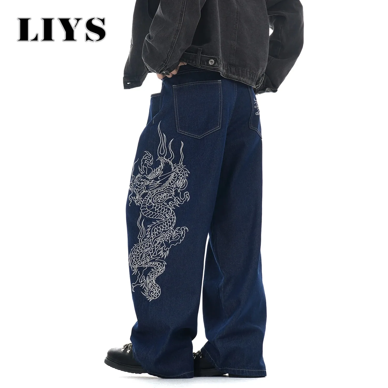 Neue Herren-Jeans mit weitem Bein, blau, Baggy-Drachen bestickt, Frühling und Sommer, klassisch, blau, Baggy-Jeans, gewaschen, Unisex-Kleidung