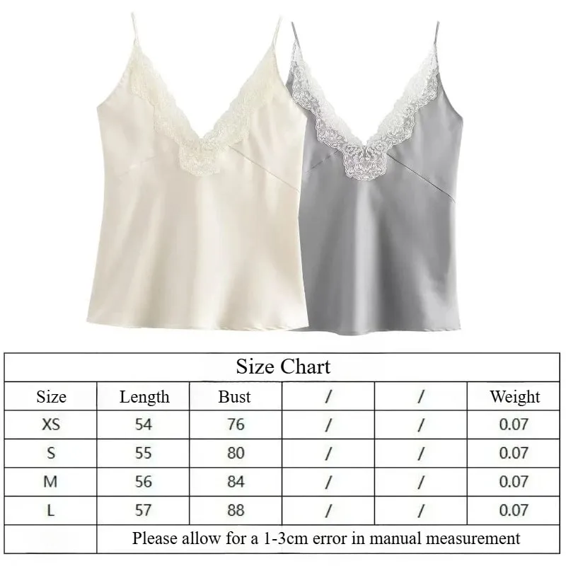 Women Lace Patchwork Tanks Tops Satin V-neck Solid Sleeveless Camisole Summer Women Spaghetti Strap Mini Tops Fashion Slim Camis — image 6