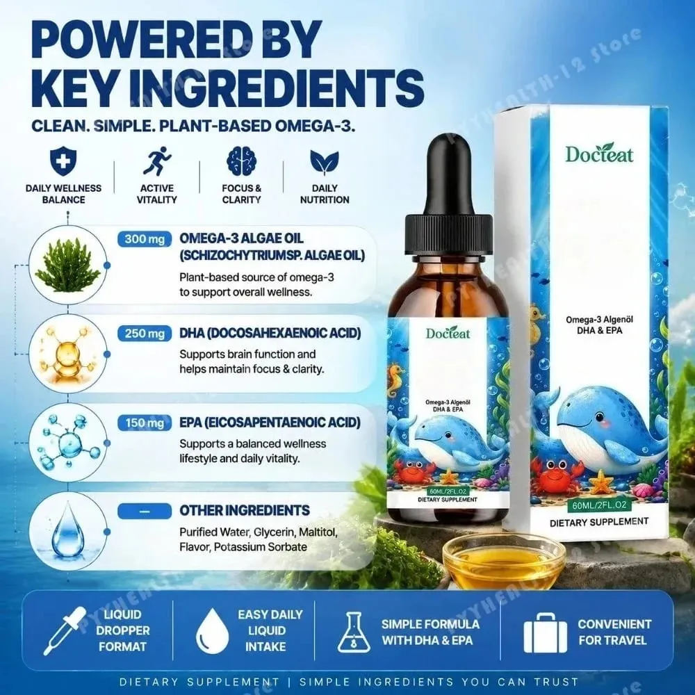 Docteat زيت طحالب أوميغا 3 نباتي من DHA EPA قطرات سائلة لصحة الدماغ للأطفال، نباتي غير معدّل وراثيًا، تغذية يومية برتقالية، 60 حصة — image 3