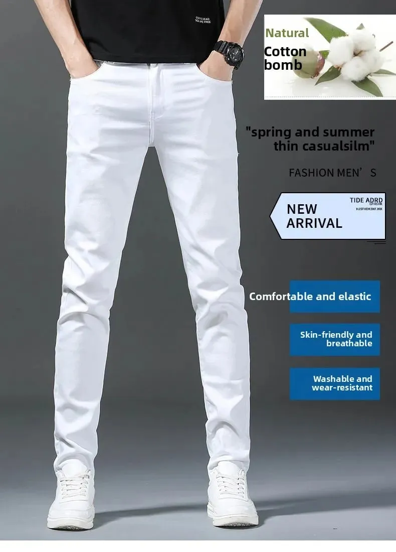 Mens Straight Elastic Waist Jeans 2025 Autumn Winter Fashion Brand Comfortable Versatile Pants Slim Fit White Jeans High Street — image 8