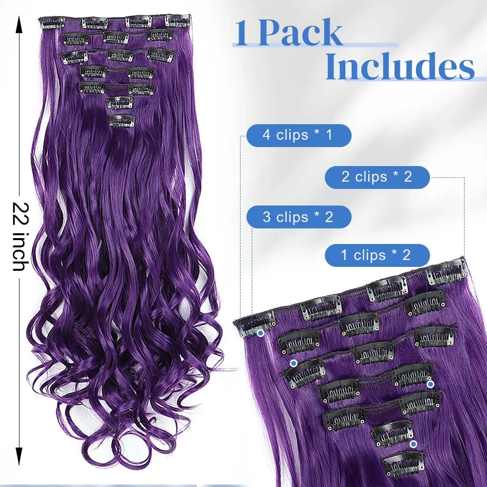 Synthetic Clip in Hair Extensions Purple hairpieces 7pcs/set 22inch Thick Hair for Women Girls Daily Party Cosplay — image 6