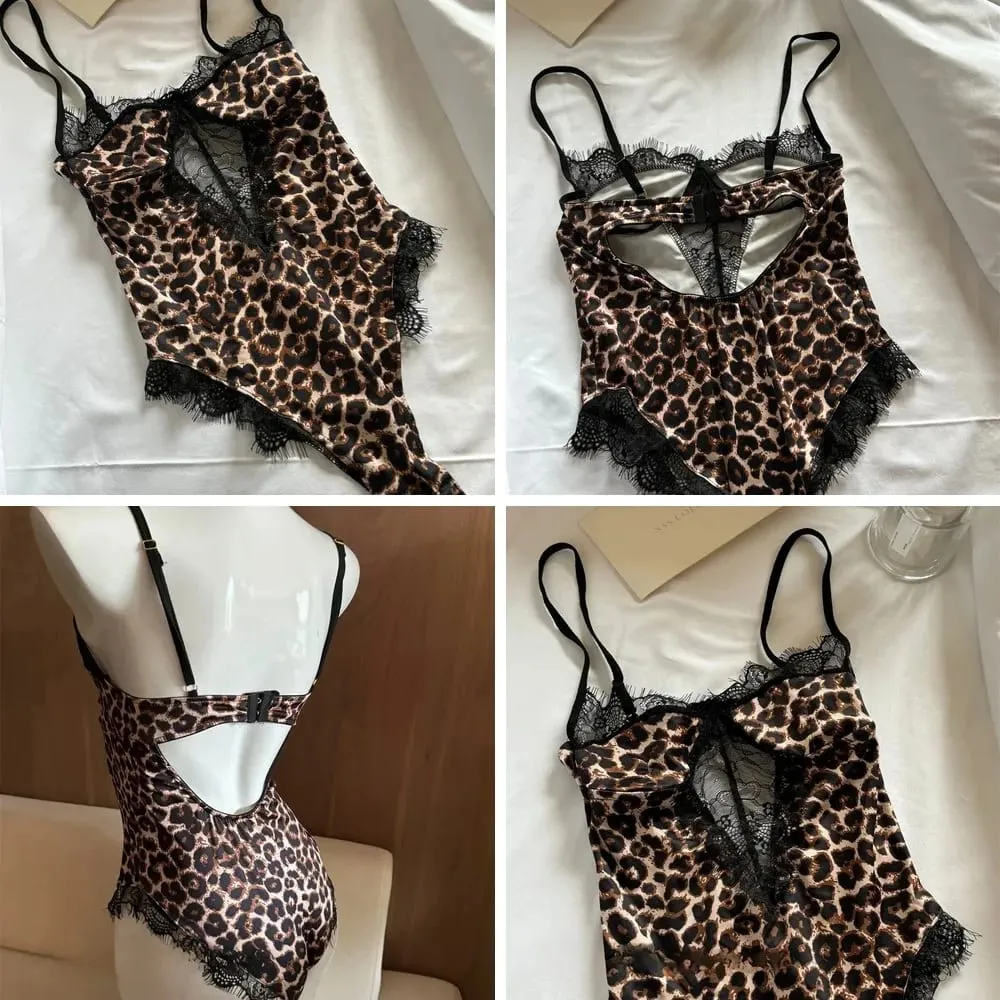 Sexy Leopard Print Halter Bodysuit for Women Thin Stretch Lace Lingerie One-Piece with Hanging Neck — image 2