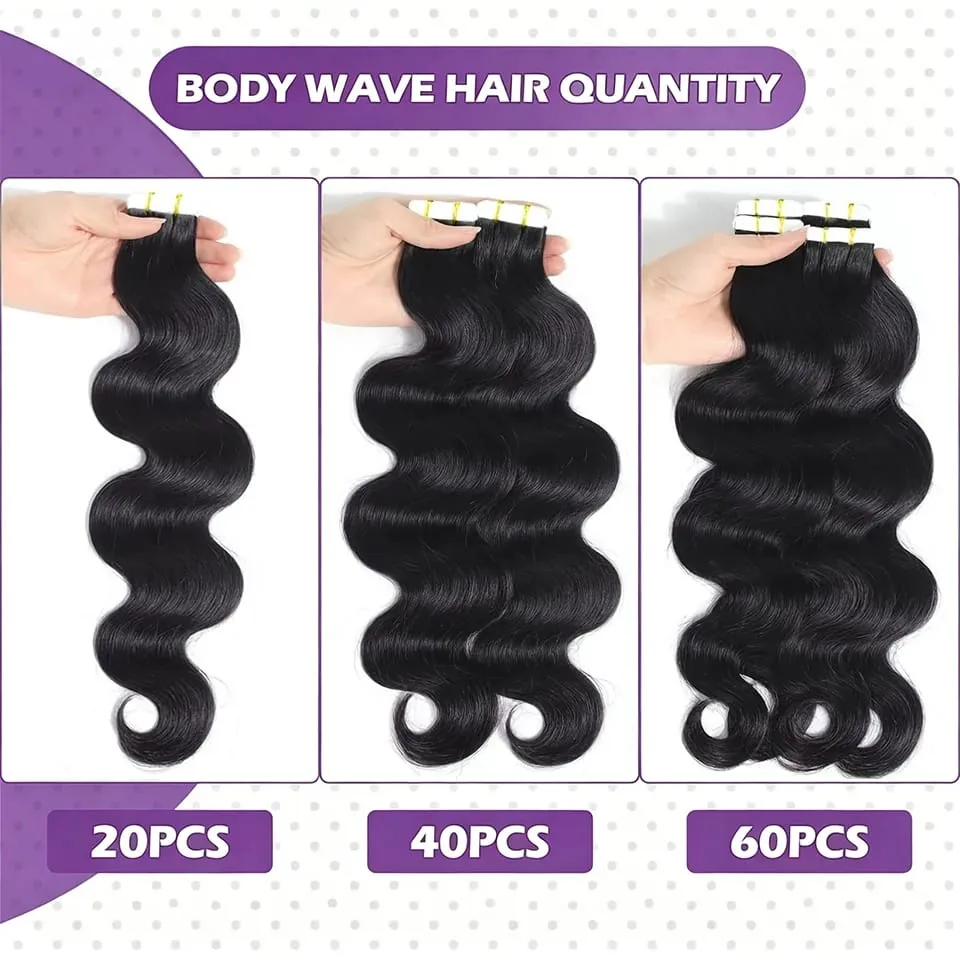 Tape In Hair Extensions 100% Real Remy Human Hair Body Wave Extensions Natural Black Invisible Tape on For Woman 16-26 Inches