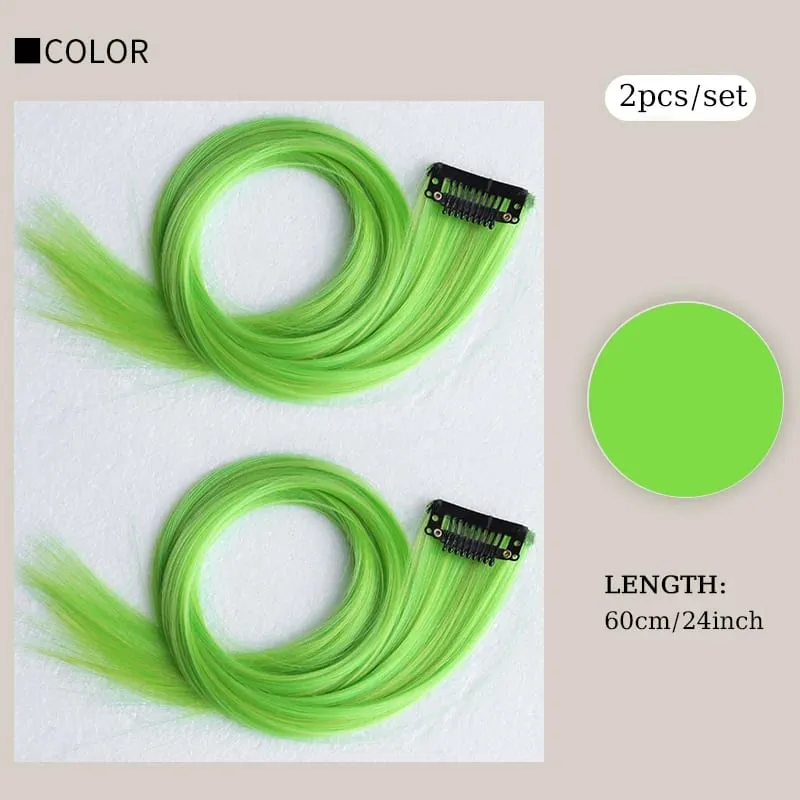 2PCS/SET Colored Party Highlights Clip in Hair Extensions 24inch Long Straight Hair Clips Hairpiece for Halloween Christmas Wear