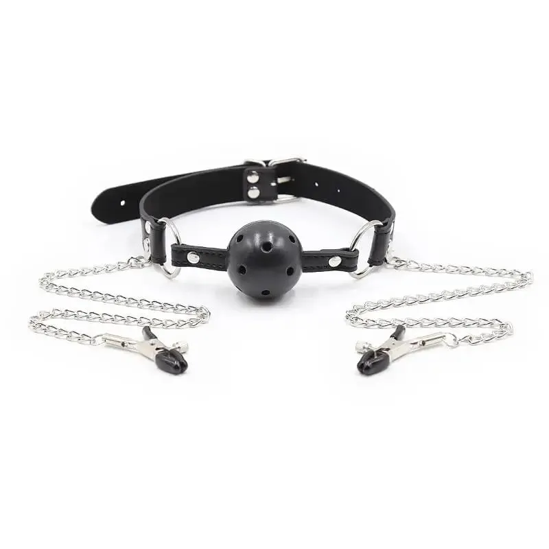 New Erotic Toy PU Leather Mouth Gag Ball Oral Sex With Chain Clip Breast Nipple Clamps Bondage Harness Sex Toys Adult Games — image 1