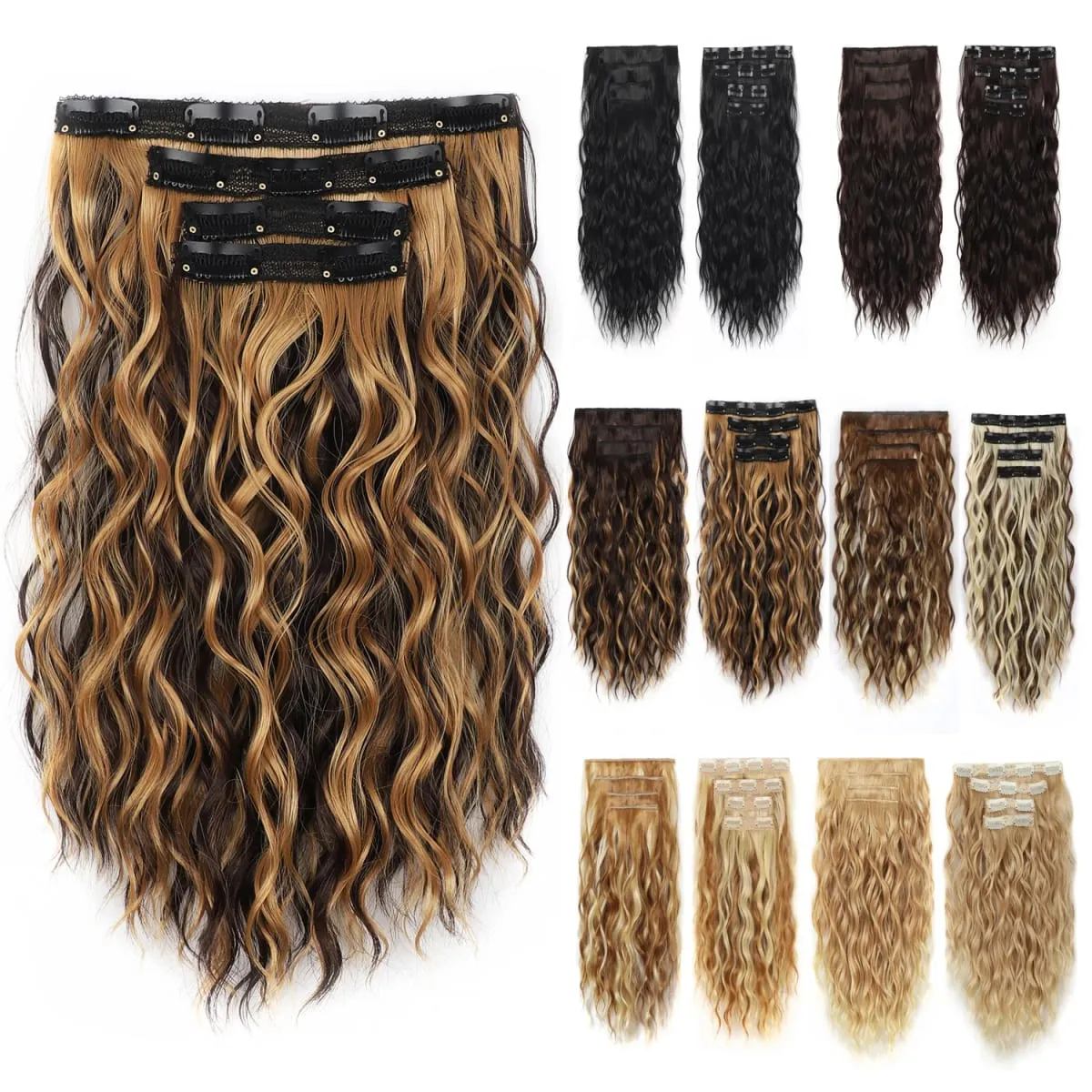 4PCS Synthetic Hair Extensions 14inch Short Curly Wavy Brown Blonde Invisible Lace Weft Natural Soft Hairpieces for Women