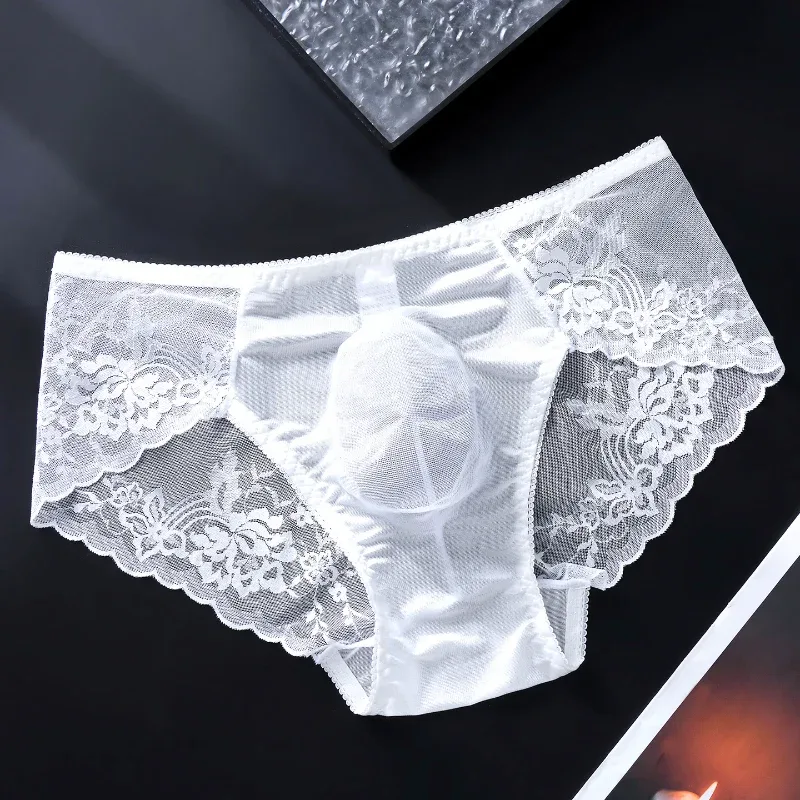 Men's Lace Briefs 3d U Convex Pouch Lingerie Ice Silk Breathable Thin Underwear Sexy Low-Rise Panties Sissy Feminization — image 3