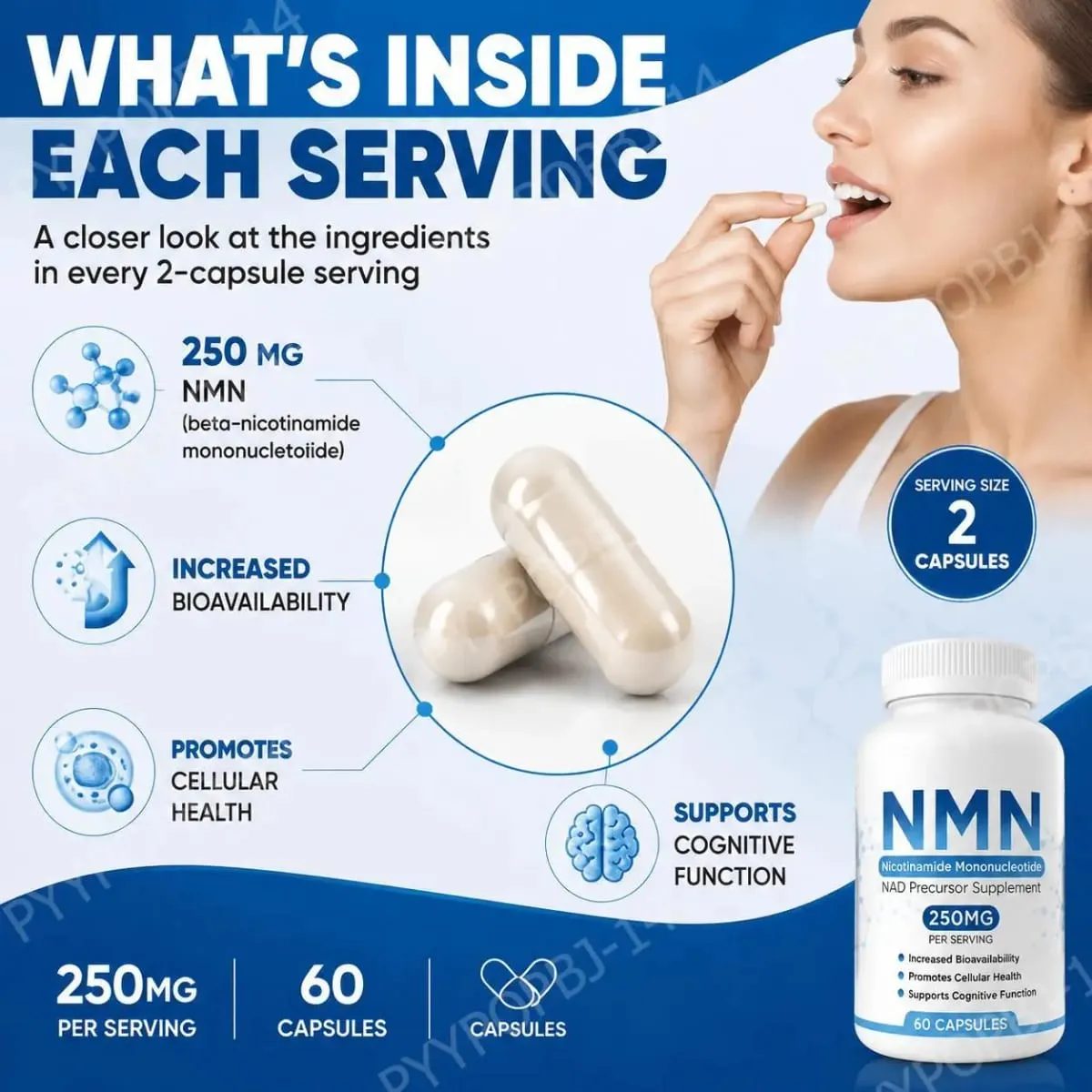 NMN Nicotinamide Mononucleotide Capsules 250 Mg Per Serving Increased Bioavailability Promotes Cellular Health 60 Capsules — image 5