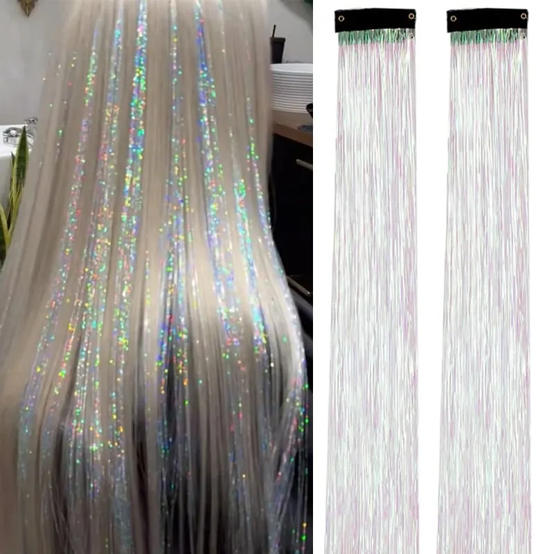 2PCS Synthetic Hair Tinsel Clip in Extensions Colored Sparkle Hair Tinsel Kit with BB Clip for Kids Girls Christmas Party Use — image 12