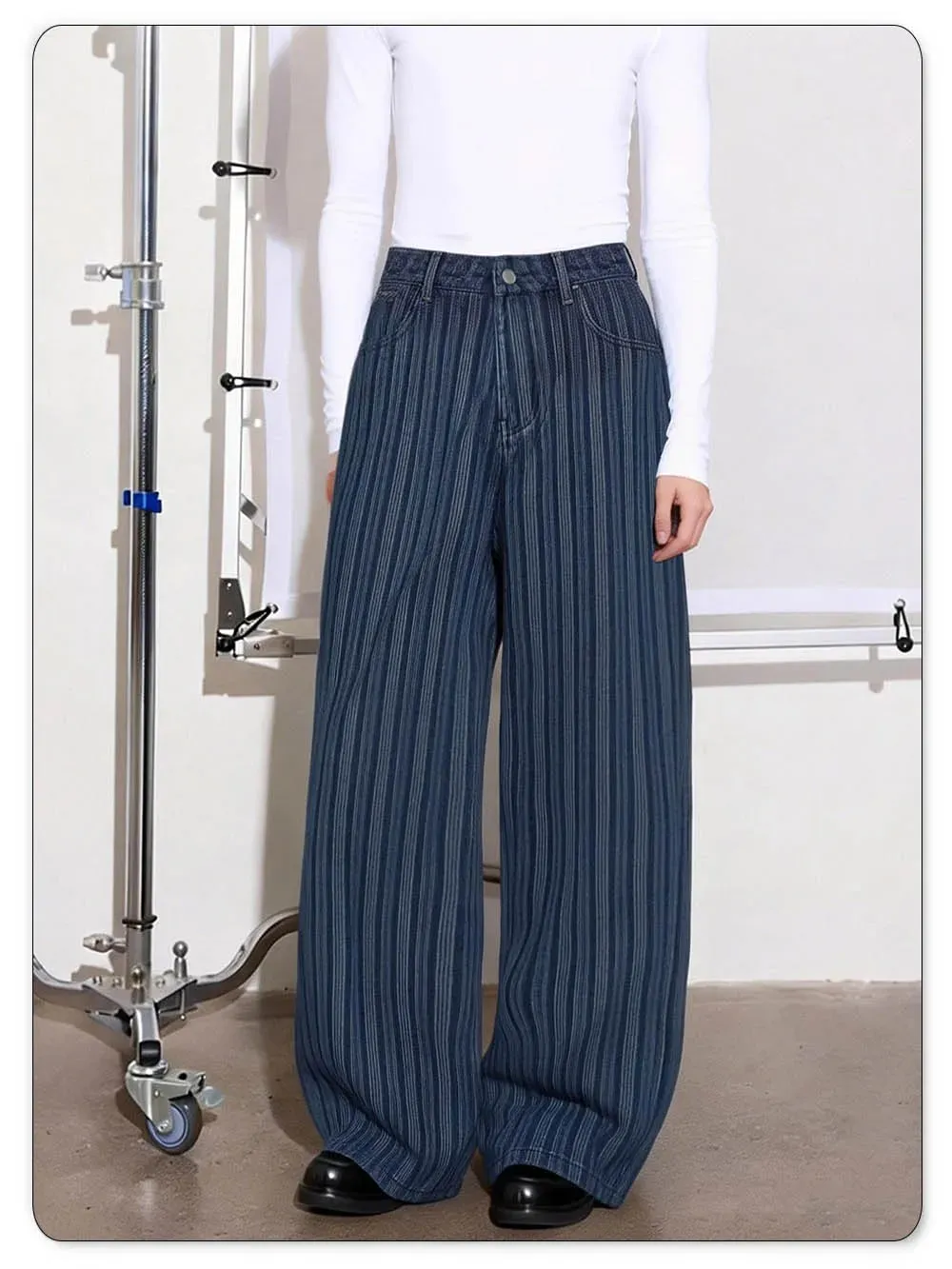 Japanese Korean Style Wavy Stripe Jacquard Fabric Baggy Wide-leg Jeans American Retro Style Business Casual Denim Pants — image 5