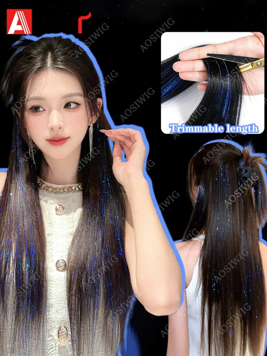 Blue Glitter Tinsel Clip in Hair Extensions One Piece Straight Synthetic Hairpiece with Sparkle Strands for Women Party Daily — image 6