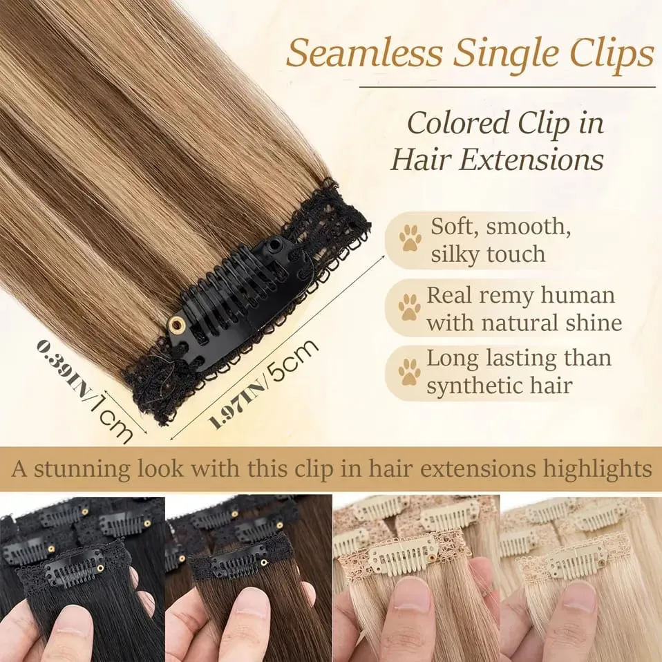 6 Pcs Clip In Human Hair Extensions Single Clip Ins Short Hair Extensions Seamless Straight Highlight Hairpieces for Women — image 4