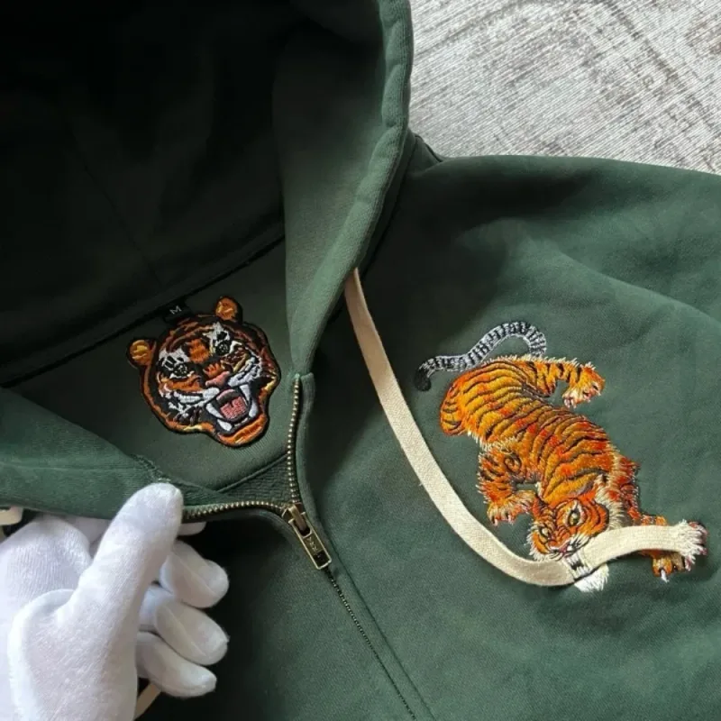 Y2k Men Women Casual Tiger Embroidery Hoodie Oversized Zip Up Sweatshirts Long Sleeve With Kangaroo Pocket Olive Green Clothes — image 8