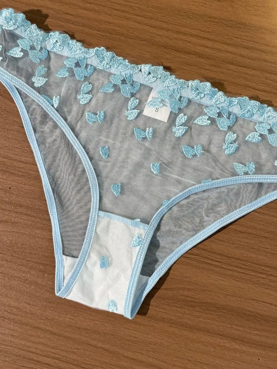 French Romantic Dreamy Light Blue Heart Embroidery Lace Underwear Set with Transparent Mesh Butterfly Knot Shoulder Strap Design — image 3