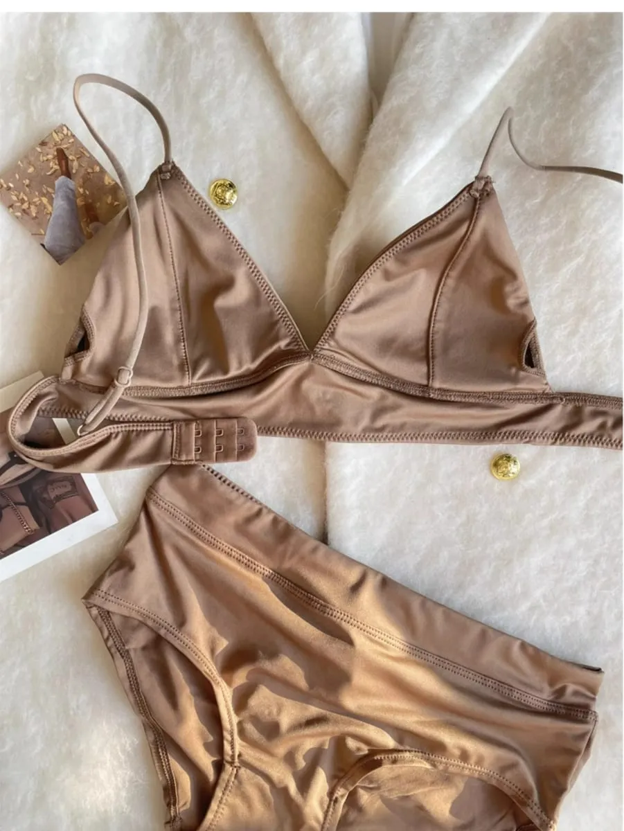 Triangle cup imitation denim thin section underwear female beauty back lingerie gathered to collect breasts comfortable bra set — image 3