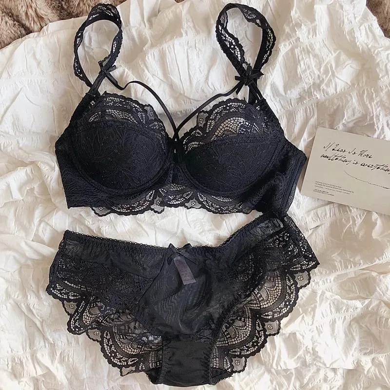 Lace ultra-thin big breasts bra with panties women sexy push up lingerie anti-sagging gathered laides underwear set — image 6