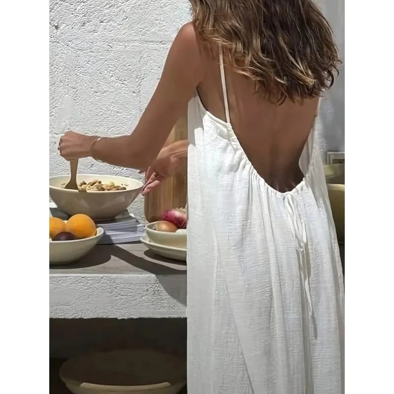 Women's Solid Color Backless Cami Dress Strappy Lounge Dress Open Back Maxi Length with Relaxed Fit Comfortable Home Wear — image 3