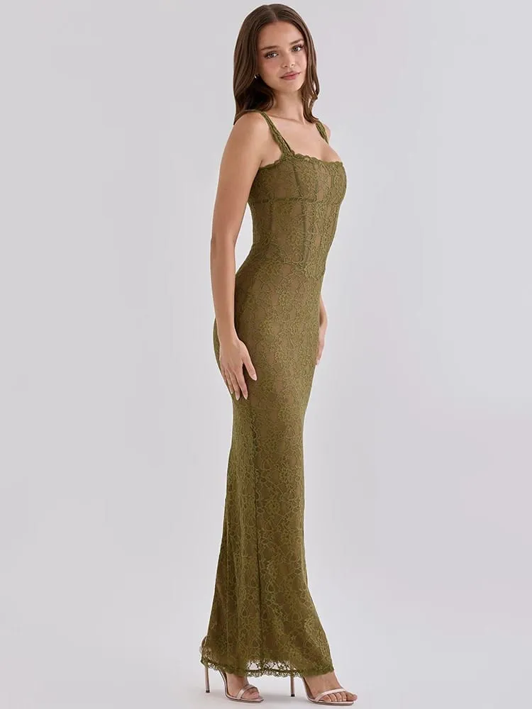 Mozision Women Elegant Lace Sexy Maxi Dress Sleeveless Spaghetti Strap Bodycon Dress Party Evening Cocktail Mermaid Dresses