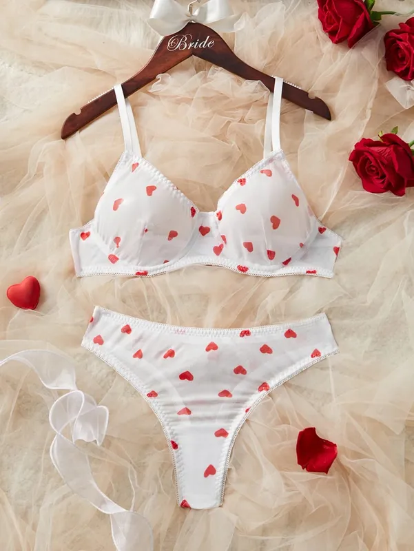 White Red Heart Polka Dots Mesh Sheer Lace Babydoll Sensual Lingerie Bra Set For Women Underwear Intimate Sexy Panty Set 2026