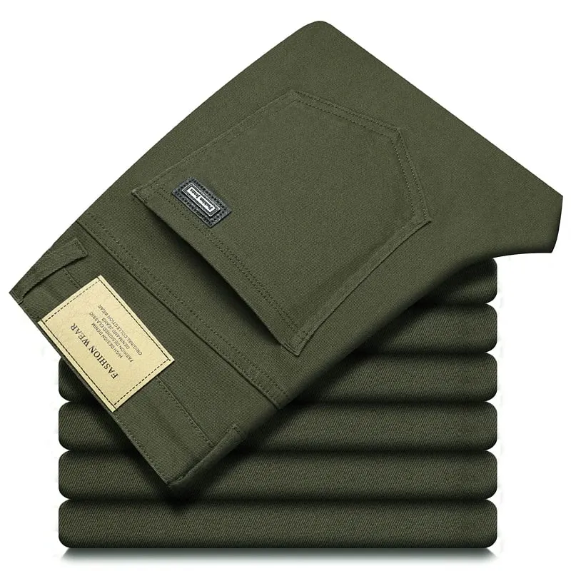 ArmyGreen Elastic Cotton Jeans Men's Spring Fashion Slim Straight Denim Pants Comfort Large Size Korean Business Casual Trousers