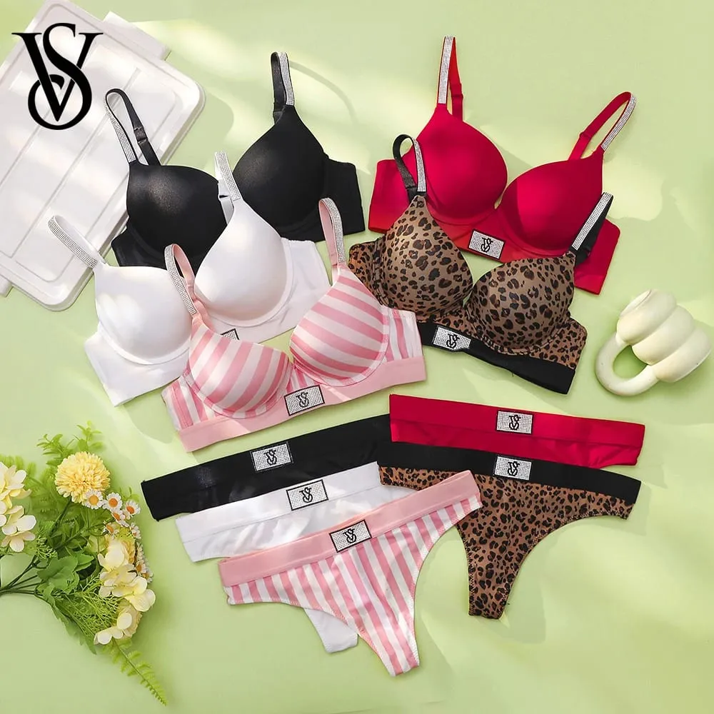Victoria Secret Very Sexy Logo Shine Strap Push Up Bra And Shine Script Thong Panty Lingerie Set For Women Hot Sale — image 1