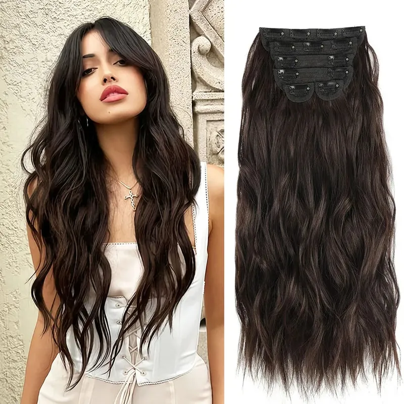 20 Inch Synthetic Long Wavy Hair Extensions Clip-in 6 Pieces Set Black Brown Blond Hairpieces for Volume And Length