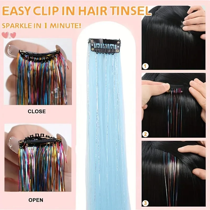 BB Clip in Synthetic Hair Extensions with Laser Silver Threads Colorful Shiny Hair Pieces for Party Daily Use No Damage