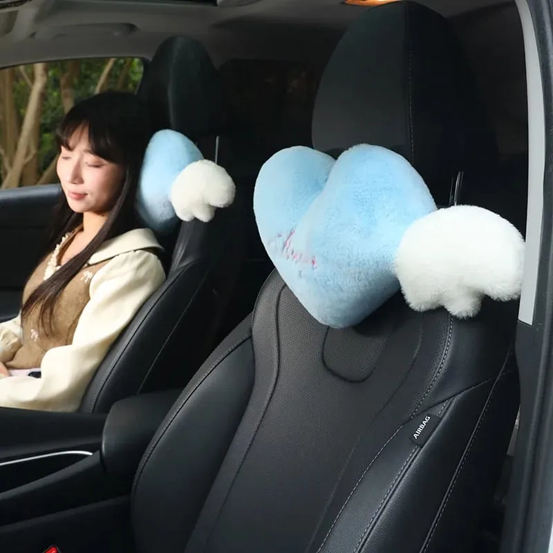Cute Heart Angel Wings Car Neck Pillow Soft Plush Auto Headrest Pillow Universal Car Seat Head Support Cushion Decor Gift