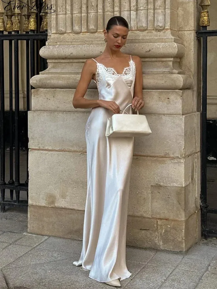 Women Sexy V-neck Satin Sling Maxi Dresses Chic White Lace Patchwork Sleeveless Backless Slim Gowns Summer Evening Party Dress — image 1