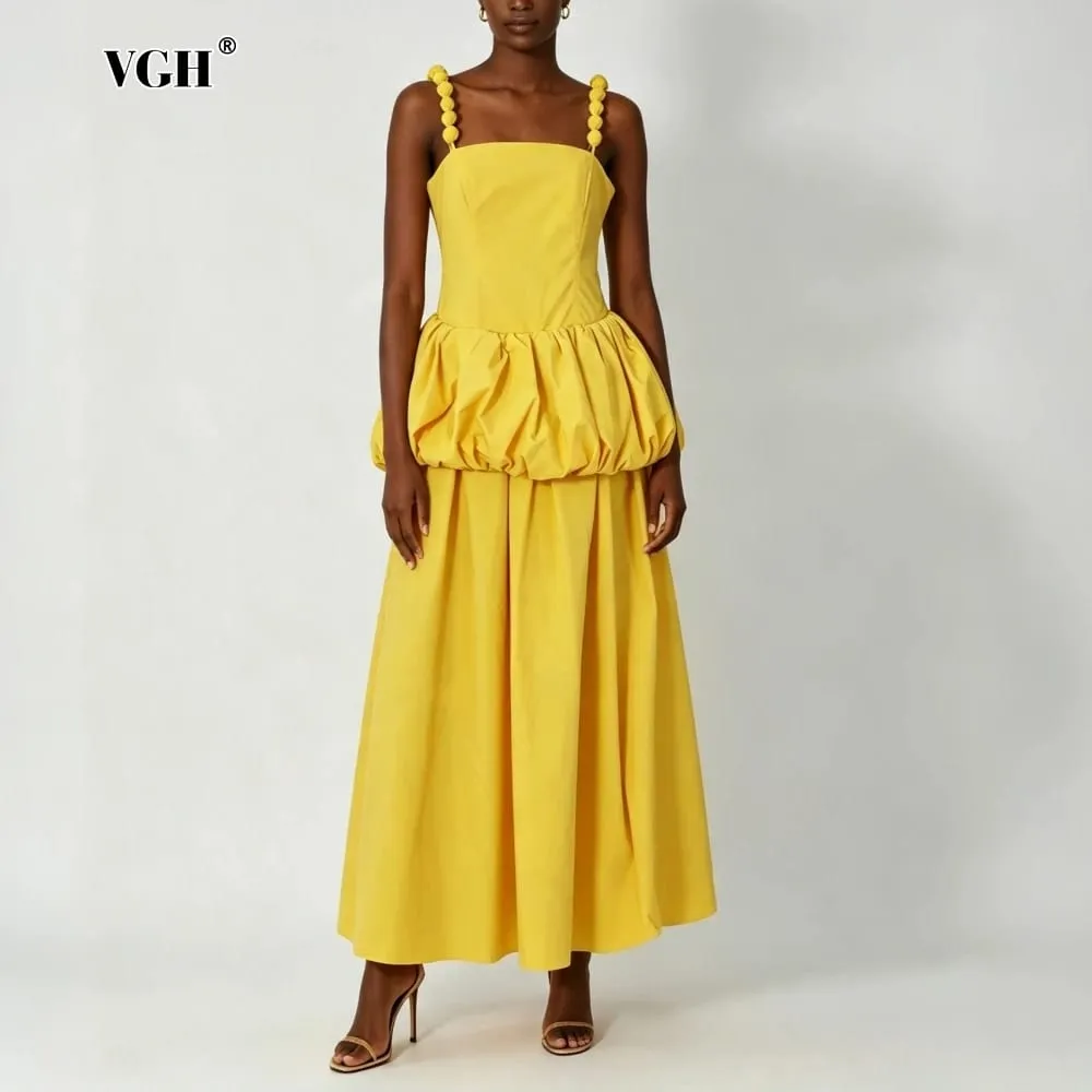 VGH Trend Yellow Maxi Dress Women Square Collar Sleeveless Folds Elegant Long Skirt for Club Evening Party Summer Fashion New — image 1