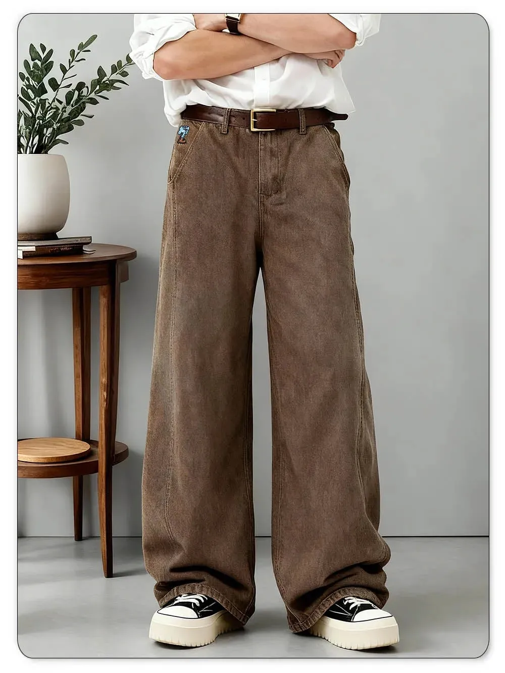 American Men's Retro Brown Ultra Baggy Wide Leg Jeans Street Casual Embroidery Oversized Men's Clothes Unisex Denim Pants — image 8