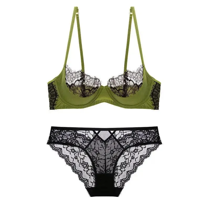 Women Ultra Thin Sheer Lace Half Cup Bra Set Big Bust Minimizer Support Lift Lightweight Wireless Casual Lingerie Underwear S-XL