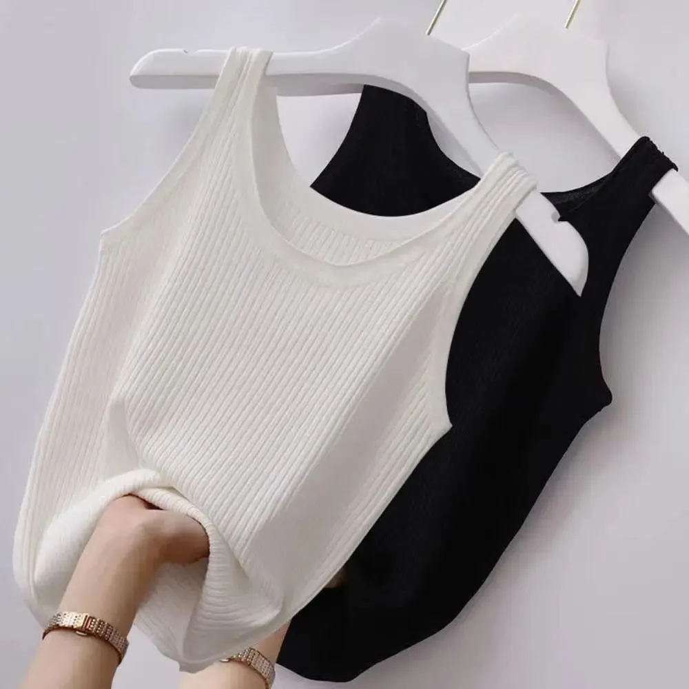2024 Polyester Sexy Sleeveless Camisole Basic Top Solid Color Summer Camisole Streetwear Tees T-Shirt Spring Knitted Tank Women