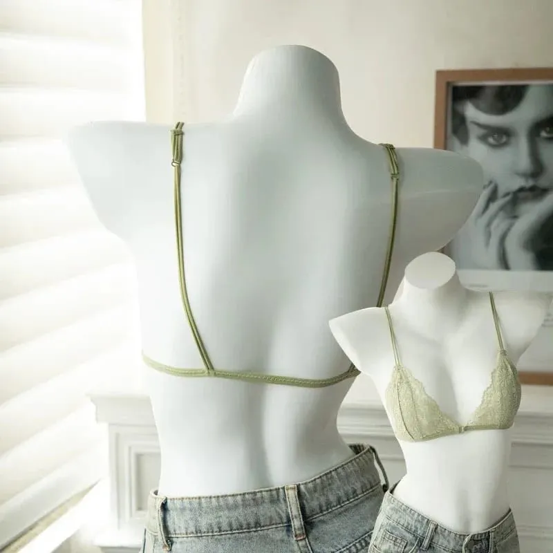 Bra Segitiga Tipis Berenda Seksi Gaya Perancis dengan Kancing Depan Pakaian Dalam Lingerie Nirkabel Cincin Tanpa Baja Wanita Bra Punggung Cantik
