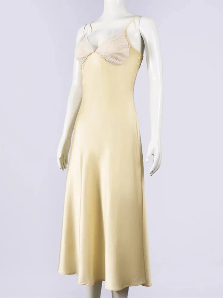 Sexy Yellow Satin Lace Patchwork Dress Spaghetti Strap Sleeveless V Neck Bias Cut Female Dresses 2026 Summer Evening Party Robe — image 6