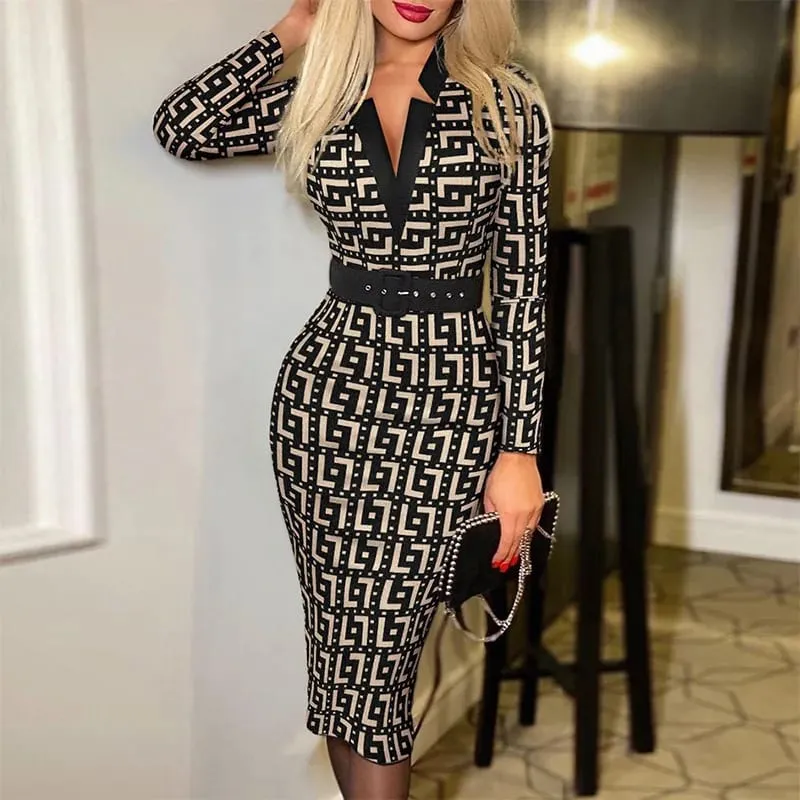 Sexy Damen-Bleistiftkleid mit geometrischem Muster, V-Ausschnitt, Midi-Bleistiftkleid mit Gürtel, langärmliges, figurbetontes Strickkleid, geeignet für alle Jahreszeiten