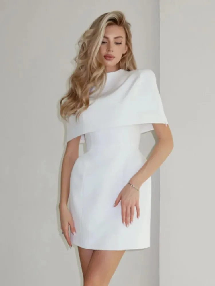 Solid Shawl A-line Dress Women Elegant Round Neck Waist Cinching Slim Short Mini Dresses 2026 Lady Daily Party Evening Vestido — image 4