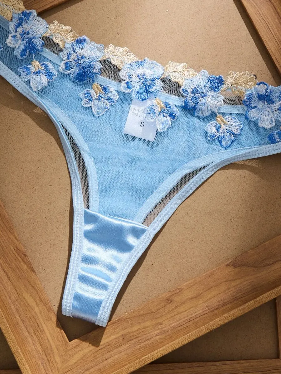 Romantic Fairy Floral Embroidery Lingerie Set Sheer Mesh Longline Bra Panty Set Women Sexy See‑Through Mesh Intimate Sleepwear