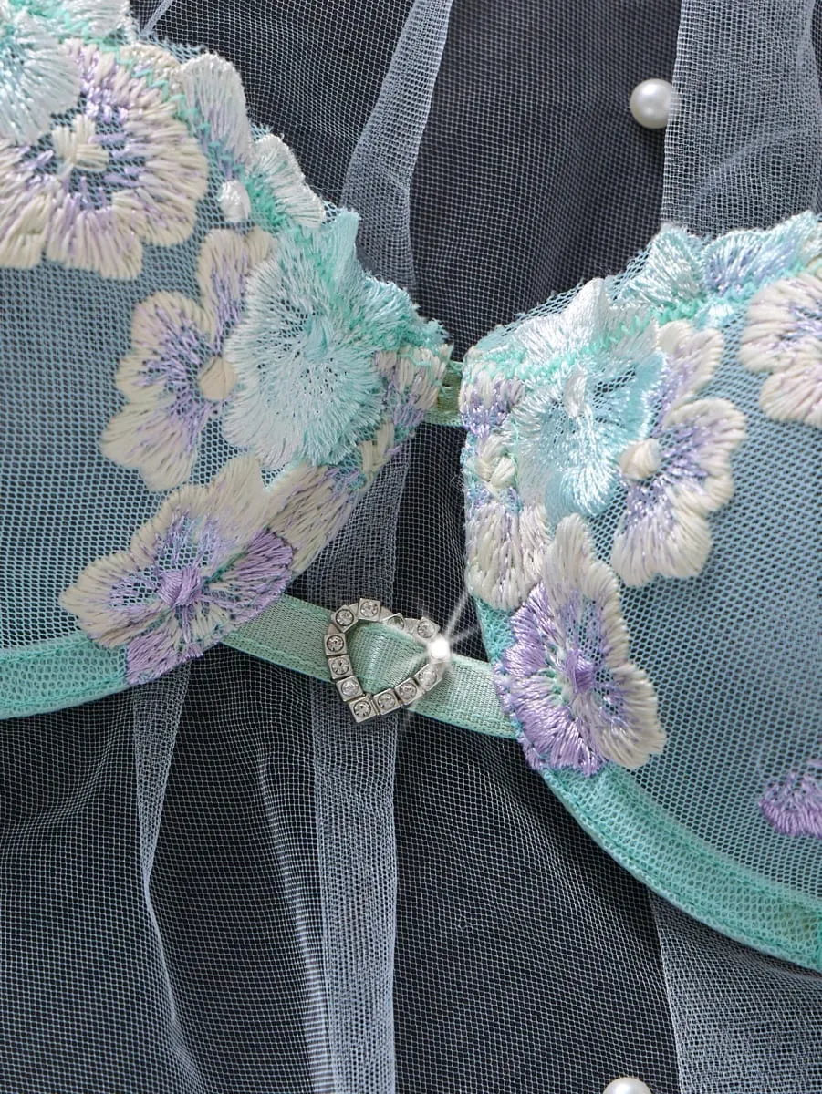 Women Sweet Flower Embroidered Lace Bra Set With Underwire Transparent Mesh Side Bow Panties Romantic Lingerie S-XL Sizes — image 4