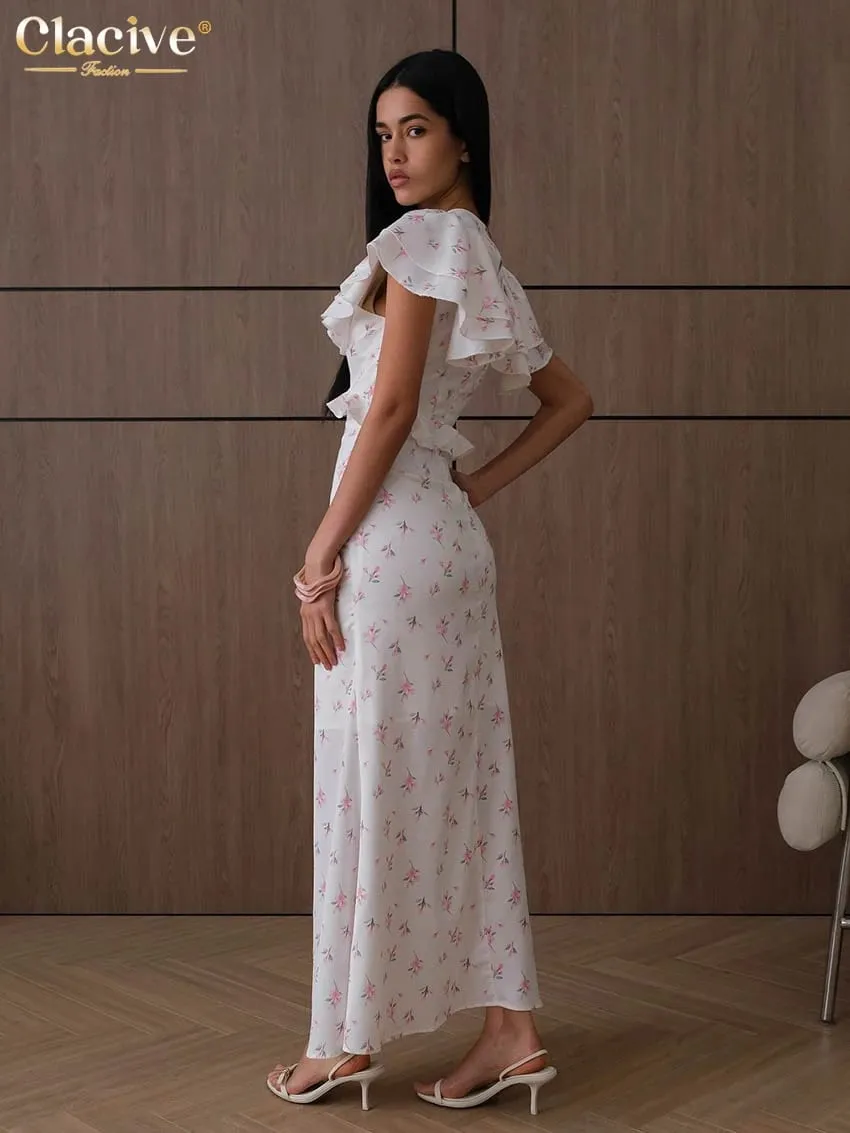 Clacive Sexy Loose Print Women's Dress 2026 Summer V-Neck Short Sleeve Ankle Length Dresses Elegant Classic Ruffles Female Dress — image 4