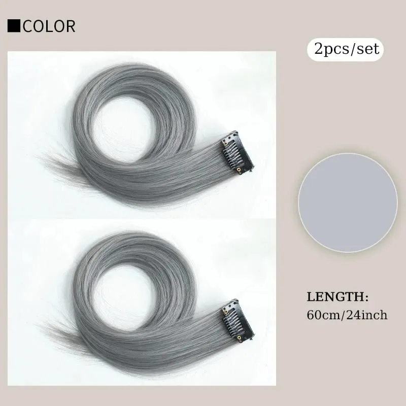 2PCS/SET Colored Party Highlights Clip in Hair Extensions 24inch Long Straight Hair Clips Hairpiece for Halloween Christmas Wear