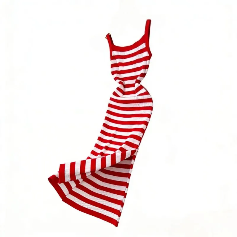 Red Black Striped Spaghetti Strap Maxi Dress Women's Stretchy Knit Bodycon Long Dress Sexy Summer Beach Party Dress Outfits — image 5
