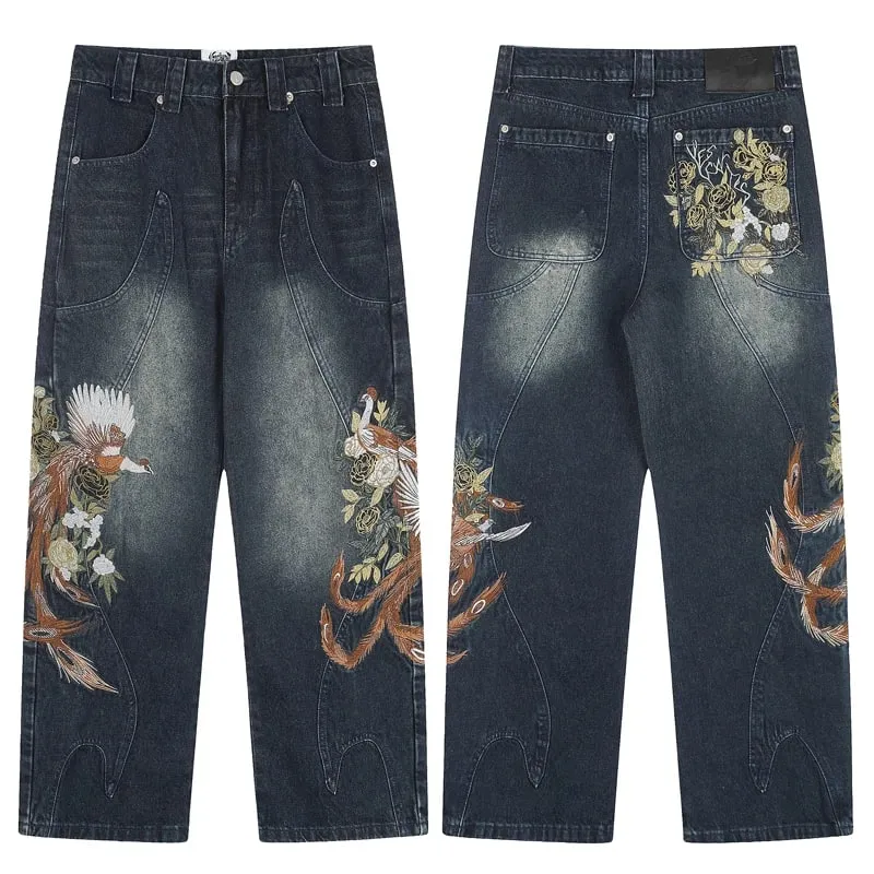 Blue Vescartes Cherry Blossom Knight Loose Straight Jeans High Quality Men Women Streetwear Fashion Denim Trousers Leather Label — image 12