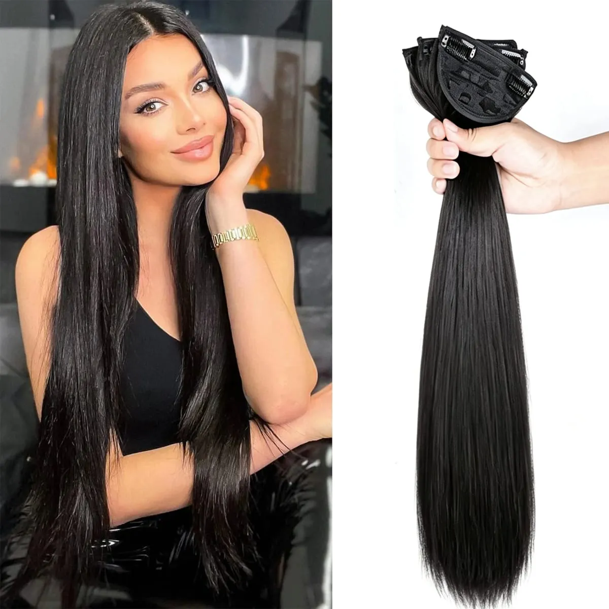 3 Pcs Black Synthetic Straight Hair Extensions Invisible Seamless Clip on Breathable Mesh Elastic BB Straight Hair Pieces