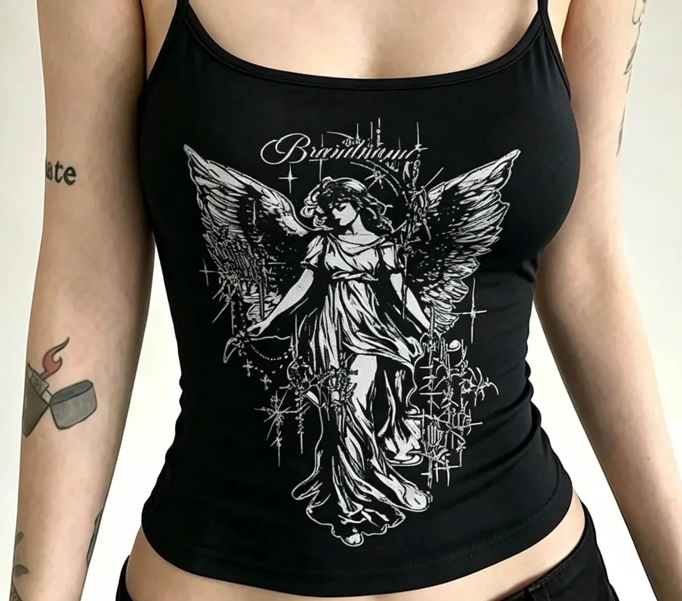 Women Y2K Gothic Spaghetti Strap Cami Tank Top Dark Angel Graphic Print Slim Sleeveless Alt Aesthetic Casual Party Ladies Tops — image 2