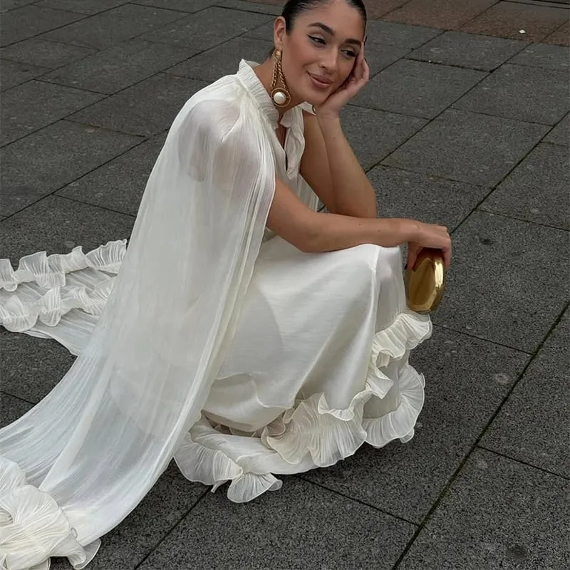 Women Solid Ruffle Maxi Dress Fashion Lapel High Waist V-neck Sleeveless Pleated Chic Dresses 2026 Summer Lady Evening Robes — image 4