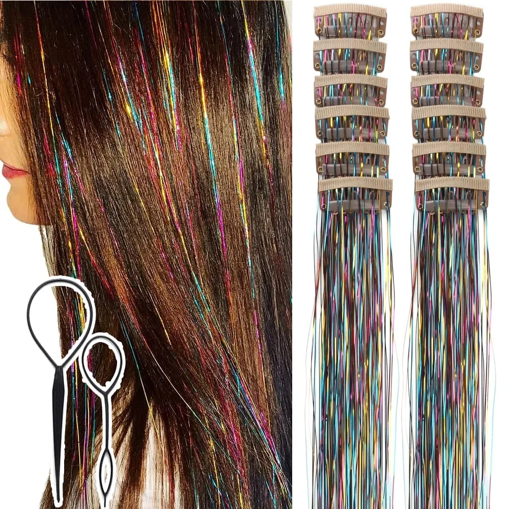 Hair Tinsel Clip in 12 Pcs Hair Tinsel Kit for Girls 20inch Synthetic Glitter Hair Accessories Clip in Hair Extensions for Women